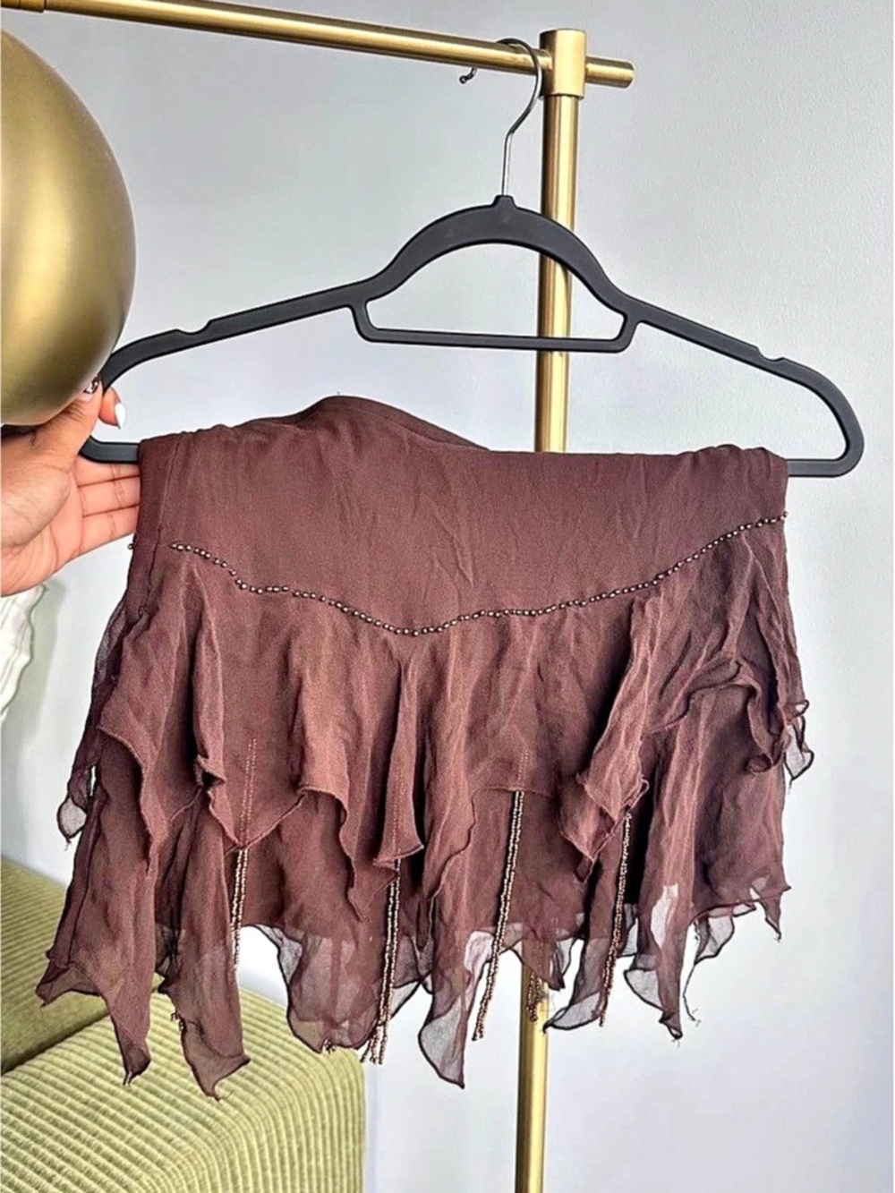 100% Silk Vintage Le Chateau Brown Ruffle Mini Skirt With Beads